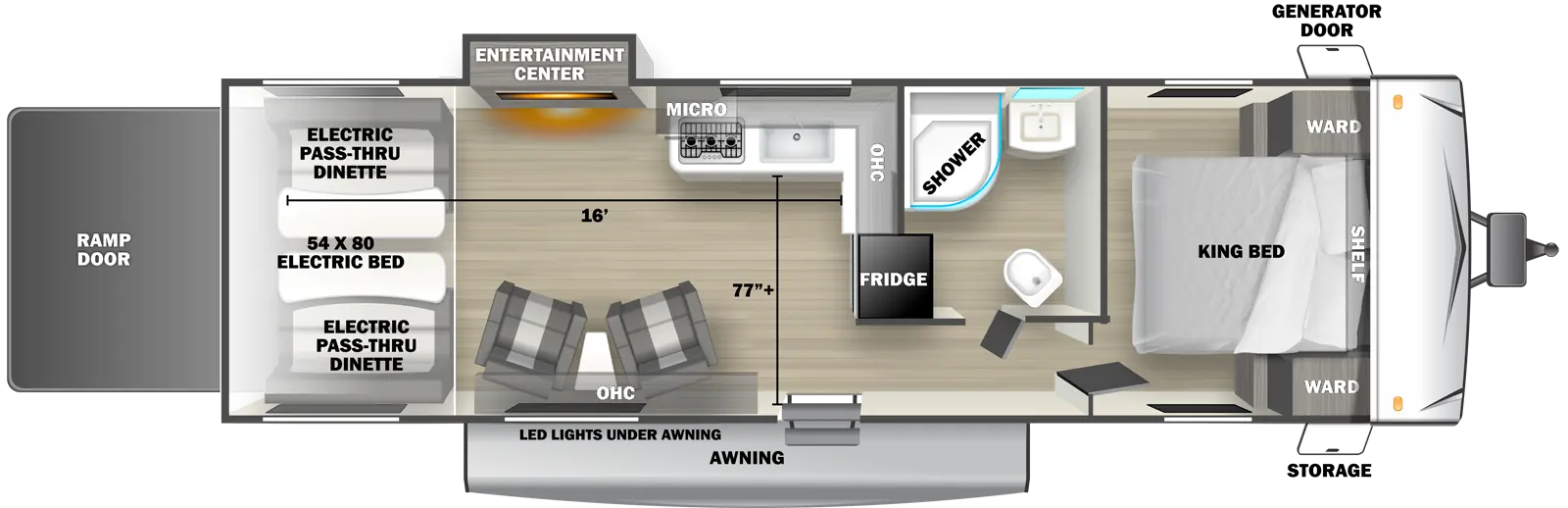 The 2700SLS travel trailer has 1 slide out on the off-door side, 1 entry door and 1 rear ramp door. Exterior features include an awning with LED lights, front door side storage and front off-door side generator door. Interior layout from front to back includes: front bedroom with foot-facing King bed, shelf over the bed, and front corner wardrobes; off-door side bathroom with shower, linen storage, toilet and single sink vanity; off-door side L-shaped kitchen countertop with stovetop, overhead microwave and cabinets, sink, and rear facing refrigerator; 2 door side recliners with end table; off-door side slideout holding an entertainment center; and rear 54 x 80 electric bed over electric pass-through dinette. Cargo length from rear of unit to kitchen countertop is 16 ft. Cargo width from kitchen countertop to door side wall is 77 inches.
